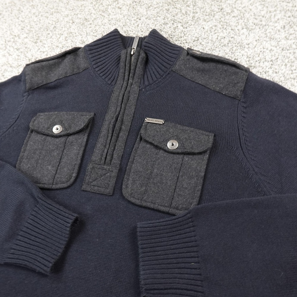 Marc Ecko Sweater Mens M Blue Pullover 1/4 Zip Wool Blend Military Grunge Y2K